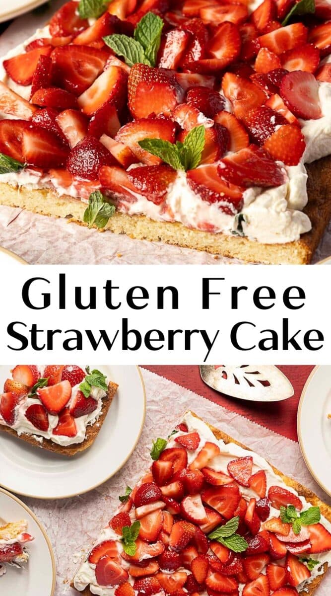 A square gluten-free strawberry shortcake topped with whipped cream, fresh sliced strawberries, and mint leaves, served on plates.