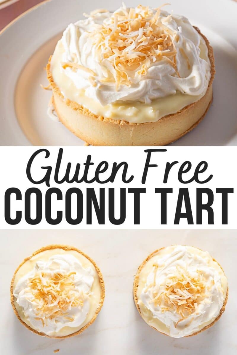 A gluten free coconut tart reminiscent of a classic Coconut Cream Pie, topped with whipped cream and toasted coconut, shown whole on a plate and paired on a white surface.