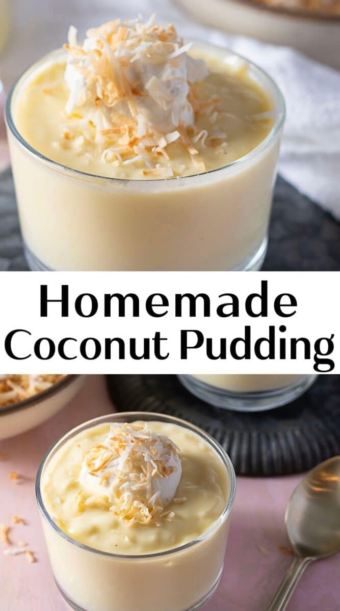 Glass cups filled with silky coconut pudding are topped with whipped cream and toasted coconut flakes, arranged on a table.