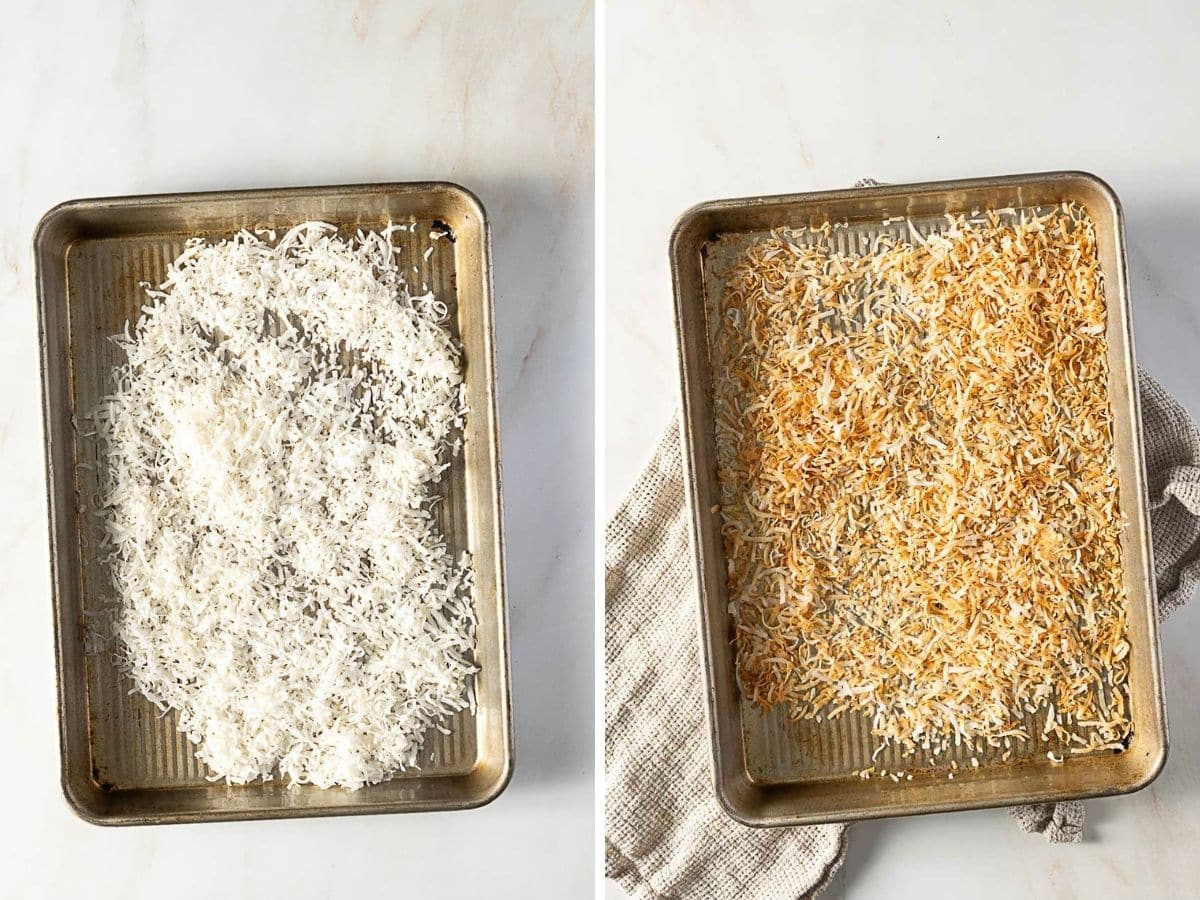 Side-by-side images of shredded coconut on a baking sheet: raw and white on the left, toasted and golden brown on the right.