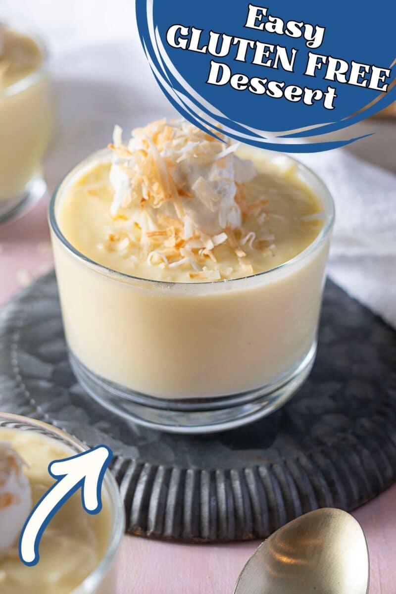 A glass cup of creamy coconut pudding topped with whipped cream and toasted coconut sits on a gray plate, labeled “Easy Gluten Free Dessert.”.