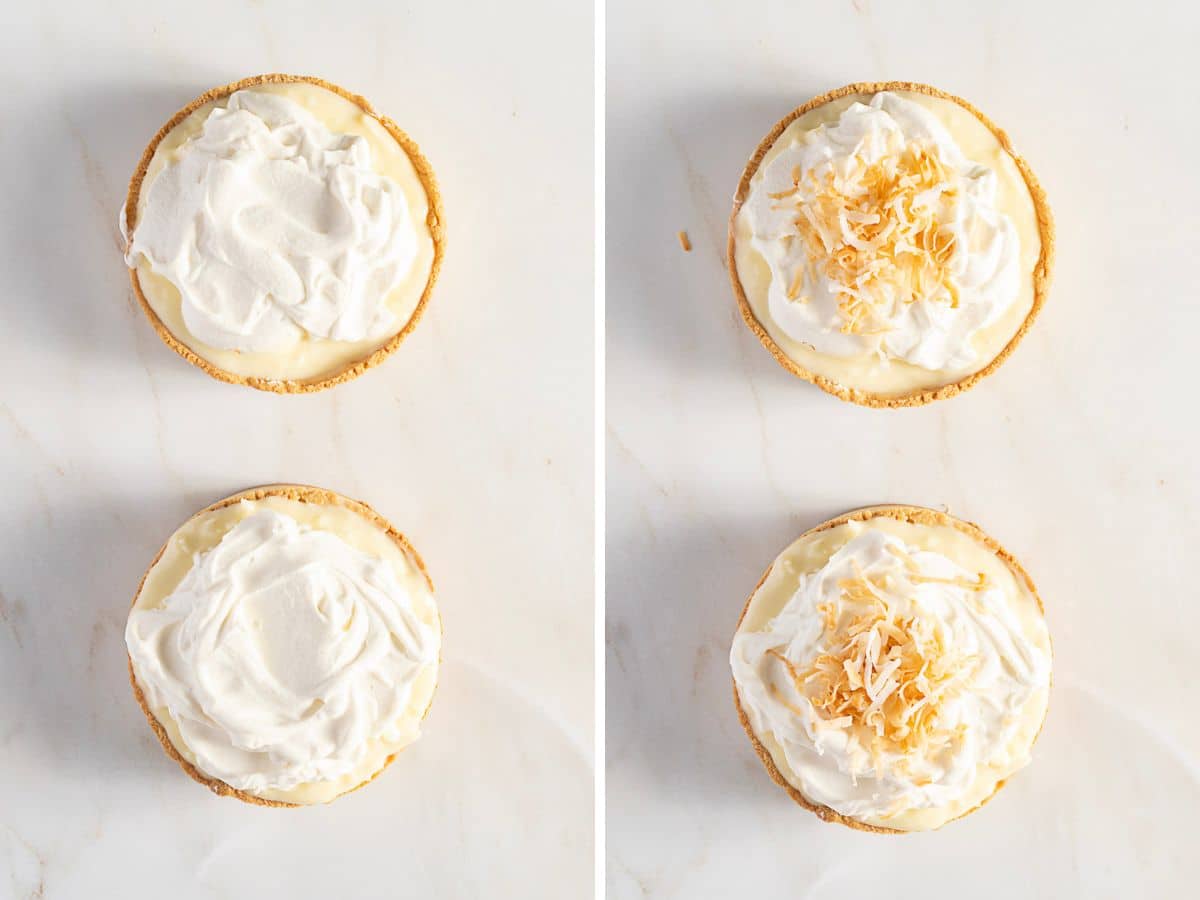 Four mini cream pies on a white surface; two topped with whipped cream and two topped with whipped cream and toasted coconut flakes.