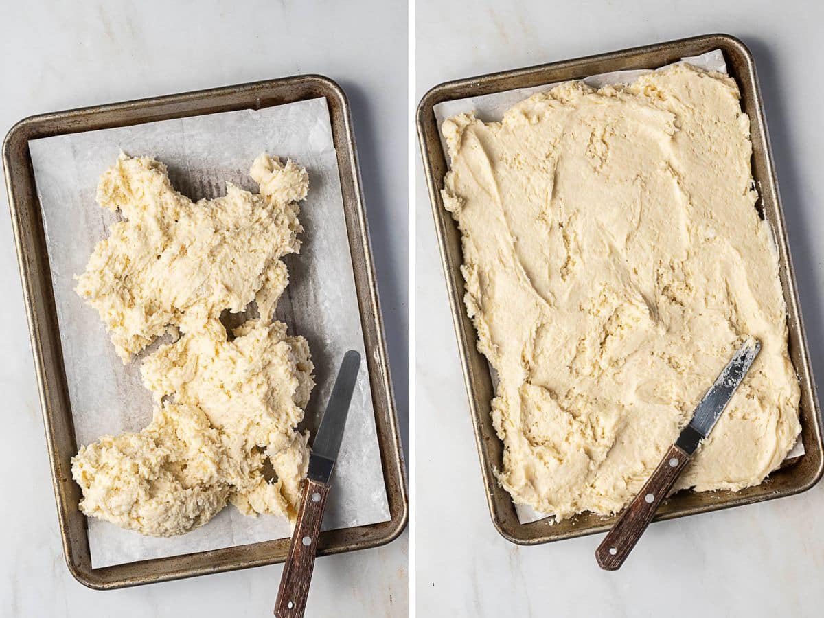 Two side-by-side images of a baking tray lined with parchment paper: on the left, dough is unevenly spread; on the right, the dough is evenly spread with an offset spatula.