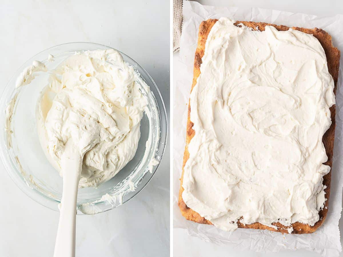 A bowl of whipped cream with a spatula and a rectangular cake topped with whipped cream on parchment paper are shown side by side.