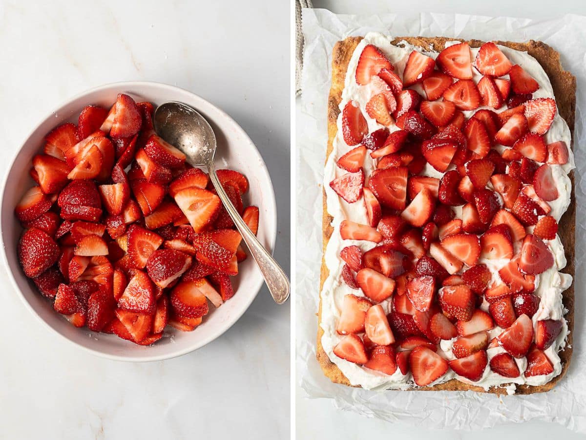 A bowl of sliced strawberries with a spoon and a rectangular dessert topped with whipped cream and more sliced strawberries on a parchment-lined surface.
