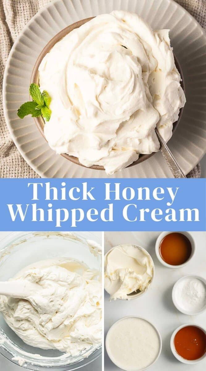 A bowl of thick mascarpone whipped cream with a spoon and mint garnish, plus ingredients and mixing process shown below. Text reads “Thick Honey Whipped Cream.”.
