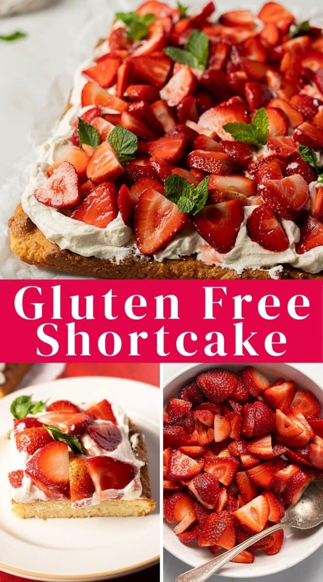 Gluten Free Strawberry Shortcake topped with whipped cream and fresh strawberries, shown whole, sliced, and in a bowl with mint leaves for garnish—perfect for an elegant gluten-free dessert.