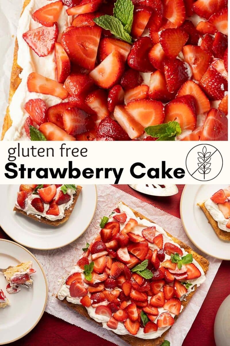 A sheet cake topped with whipped cream, fresh strawberries, and mint leaves is served on plates—perfectly labeled as Gluten Free Strawberry Shortcake.