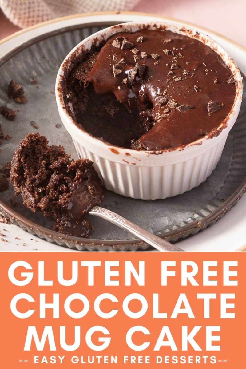 A gluten free chocolate mug cake in a white ramekin with a spoonful taken out, sitting on a plate.