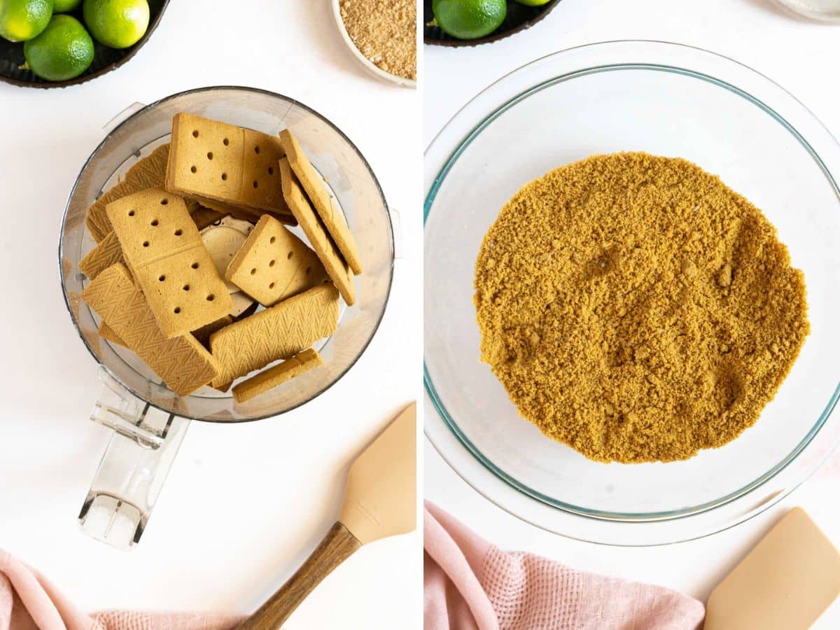 Side-by-side images: on the left, graham crackers in a food processor; on the right, graham cracker crumbs in a glass bowl.