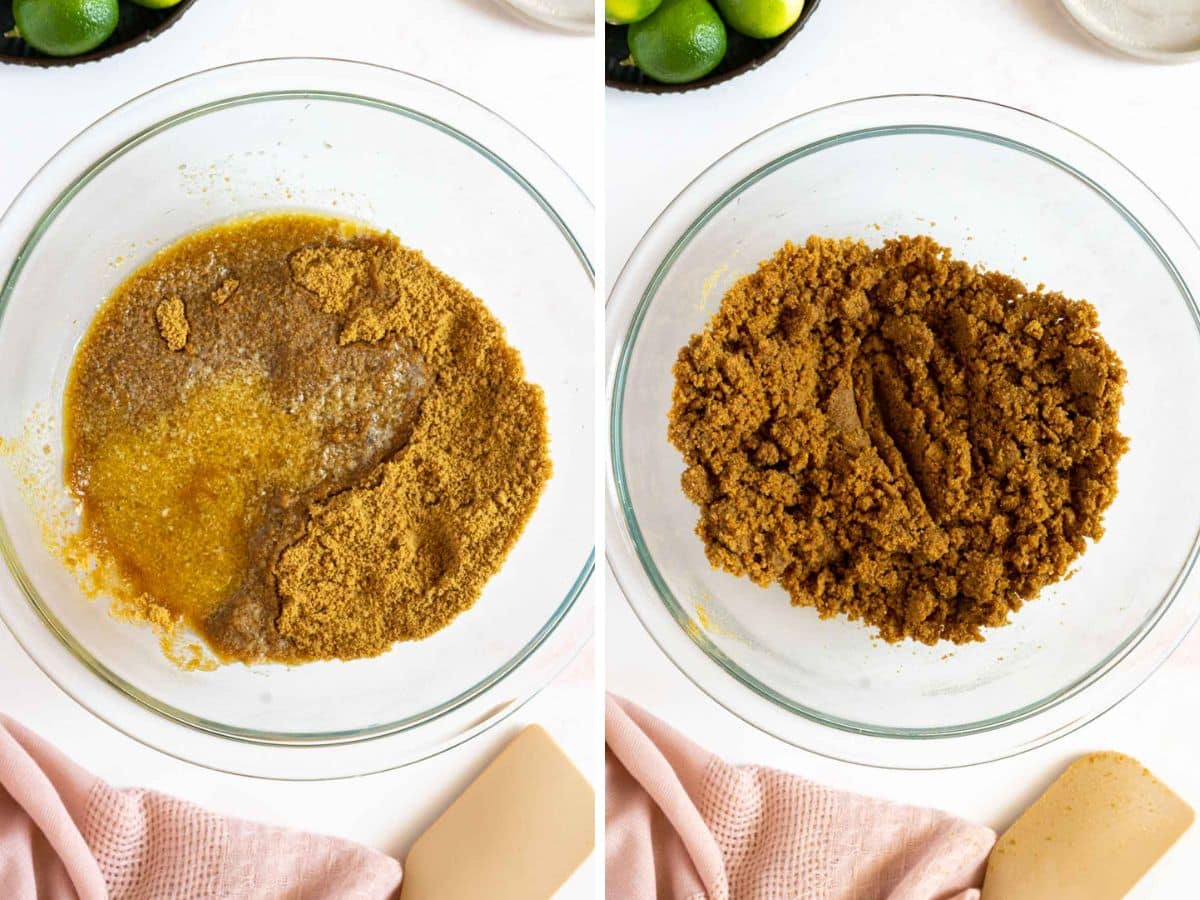Side-by-side images showing a glass bowl with melted butter mixed with brown sugar and then the same mixture combined into a crumbly texture.