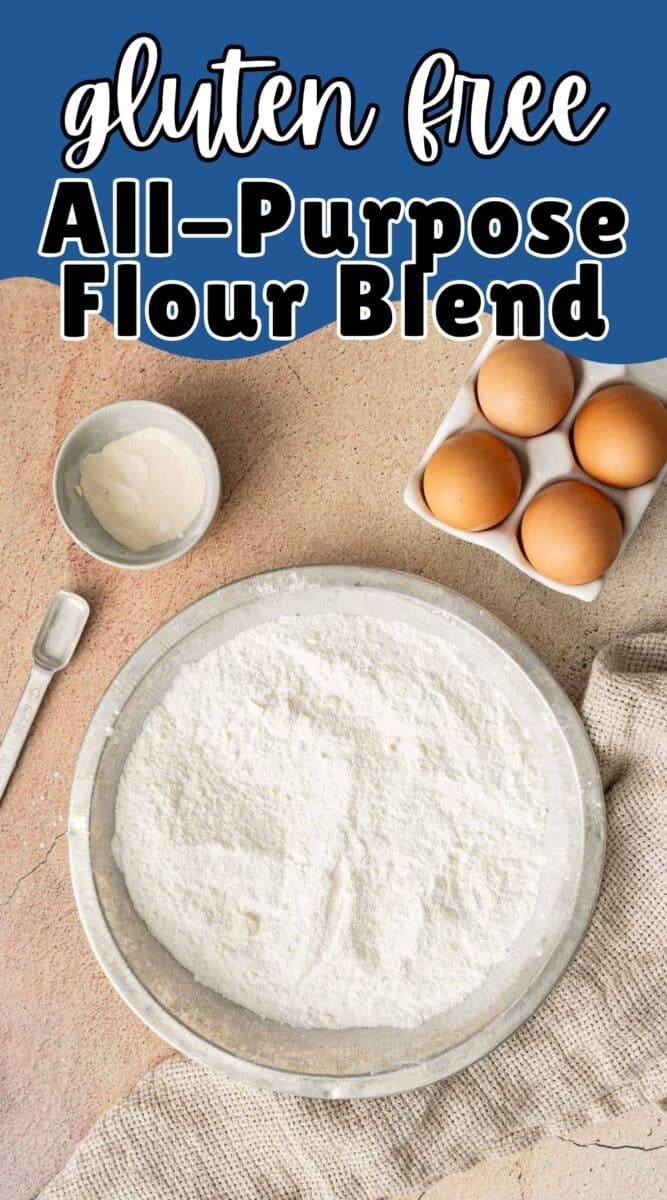 A plate of gluten free flour, a bowl of white powder, a square dish with four brown eggs, a metal spoon, and a beige cloth rest on a textured surface.