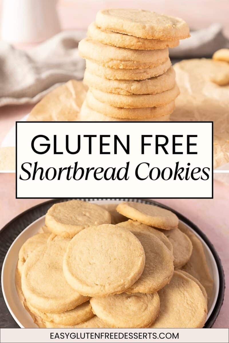 A stack and a plate of round, golden gluten free shortbread cookies are displayed on a light surface with the text "Gluten Free Shortbread Cookies" showcasing delicious gluten free shortbread cookies perfect for every occasion.