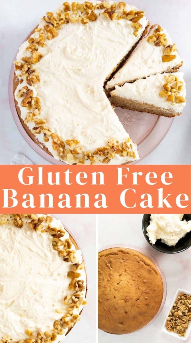 A gluten-free banana cake topped with cream cheese frosting and chopped walnuts, shown whole, sliced, and with ingredients on the side—perfect for fans of Gluten-Free Lemon Cookies seeking a sweet treat.