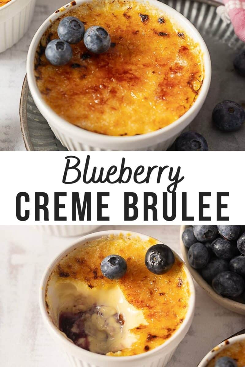 A ramekin of blueberry creme brulee topped with blueberries, one whole and one partially eaten, with fresh blueberries on the side.