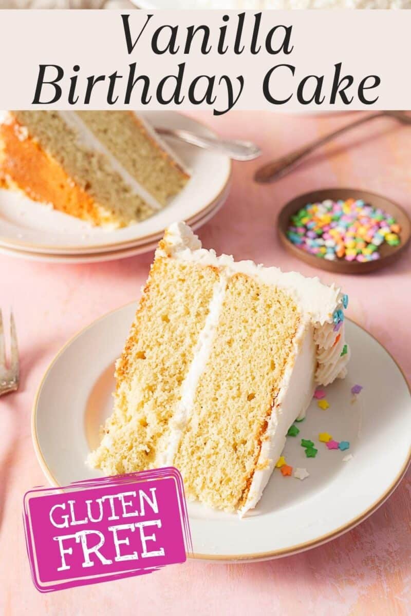 Two slices of gluten free vanilla cake with white frosting on plates, sprinkles on the side, and a "Gluten Free" label. Text at top reads "Vanilla Birthday Cake.