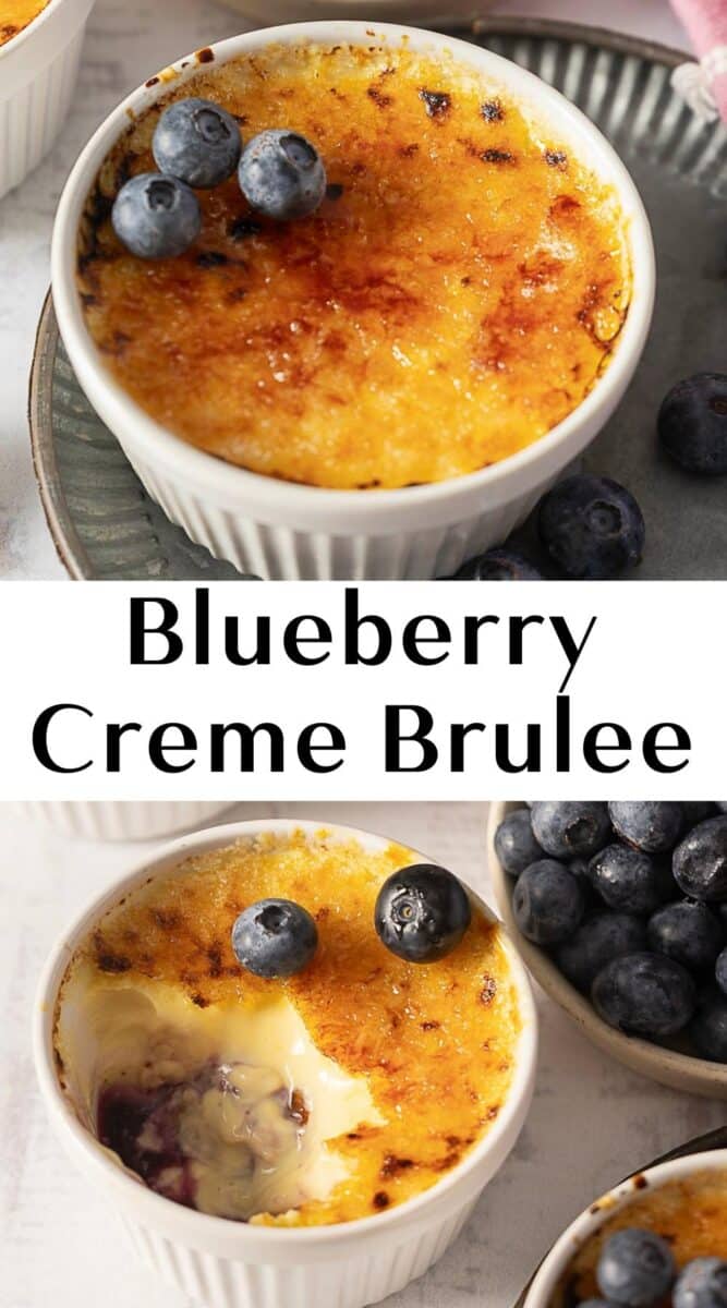 Two ramekins of blueberry creme brulee topped with fresh blueberries, one partially eaten, on a light-colored surface with extra blueberries nearby.
