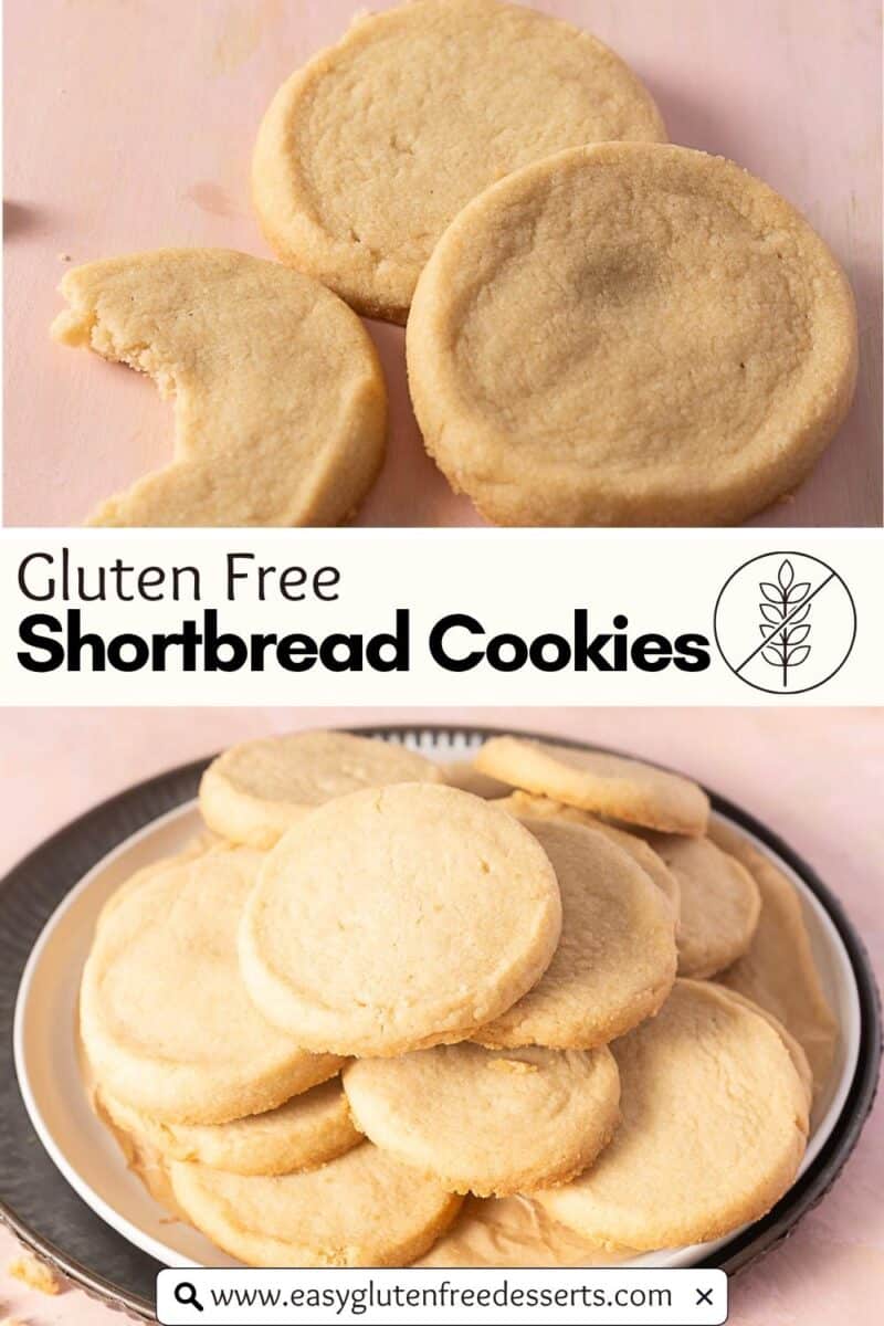 Two images of round gluten free shortbread cookies: one shows three cookies, with a bite taken out of one; the other displays a plate piled high with these delicious gluten free shortbread cookies. Text reads "Gluten Free Shortbread Cookies.