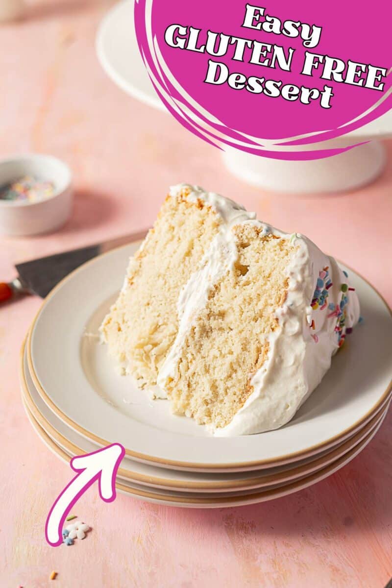 A slice of frosted gluten free buttermilk cake with sprinkles sits on a stack of plates, labeled "Easy Gluten Free Dessert" in a pink banner at the top.