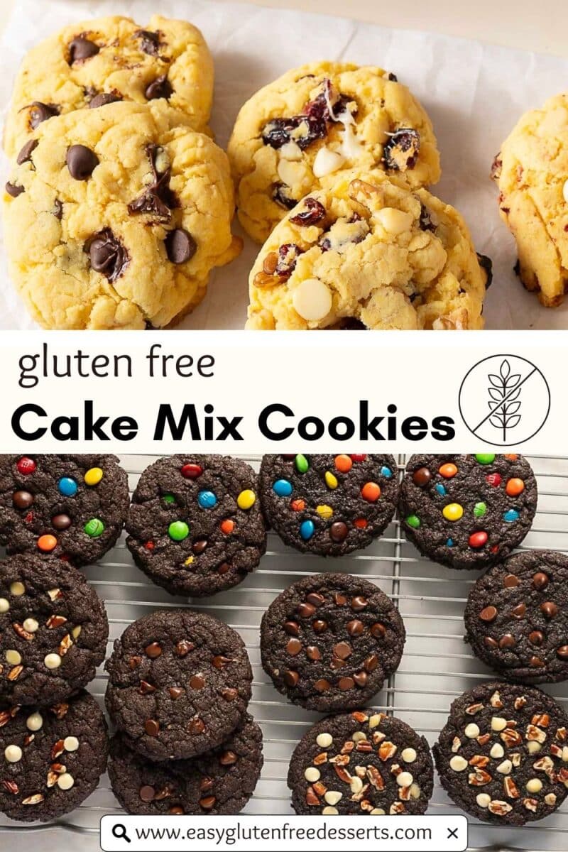 Assorted gluten free cake mix cookies, including chocolate chip, white chocolate, and cookies with colorful candies, displayed on parchment paper and a cooling rack. Website link included at the bottom.