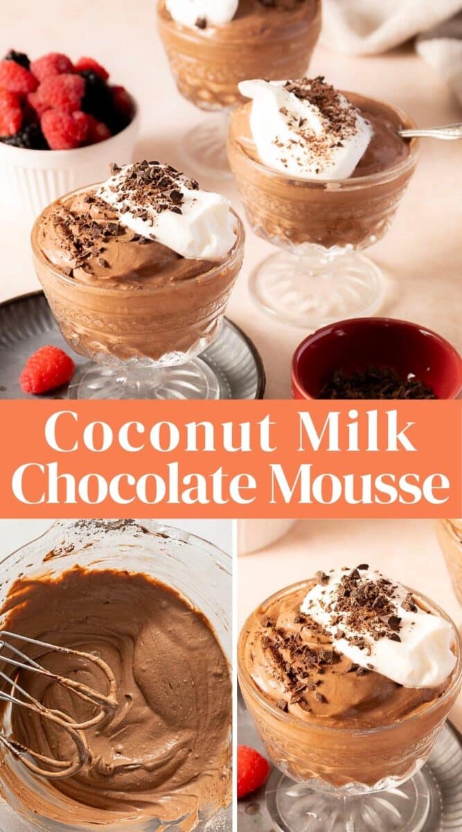 Glass dishes filled with dairy free chocolate mousse made from coconut milk, topped with whipped cream and chocolate shavings, berries, and a mixing bowl nearby.