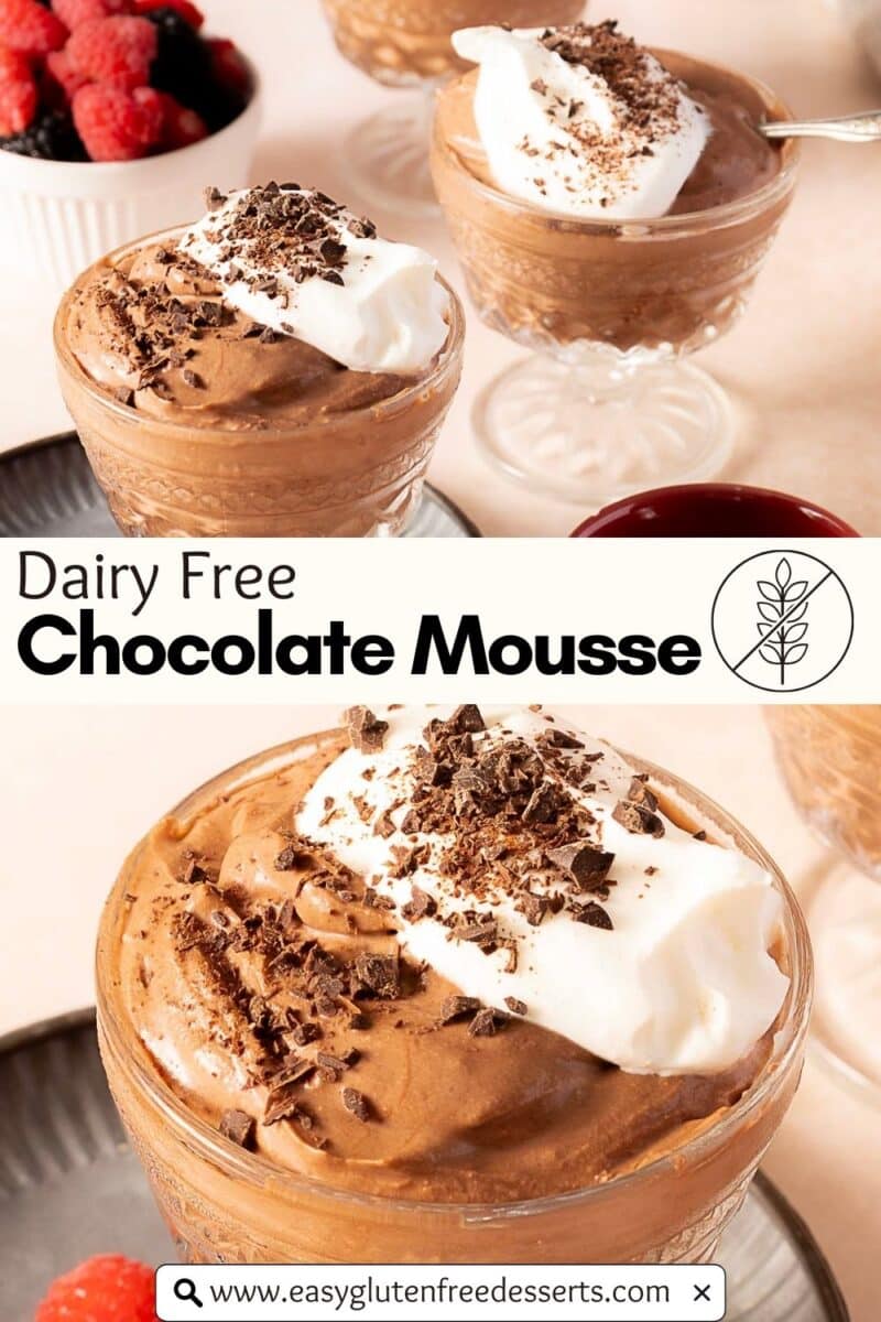 Enjoy our rich dairy free chocolate mousse topped with whipped cream and chocolate shavings, beautifully served in glass containers with a bowl of fresh berries in the background.