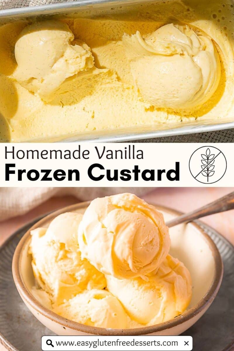 A loaf pan filled with homemade frozen custard sits beside a bowl holding three creamy scoops