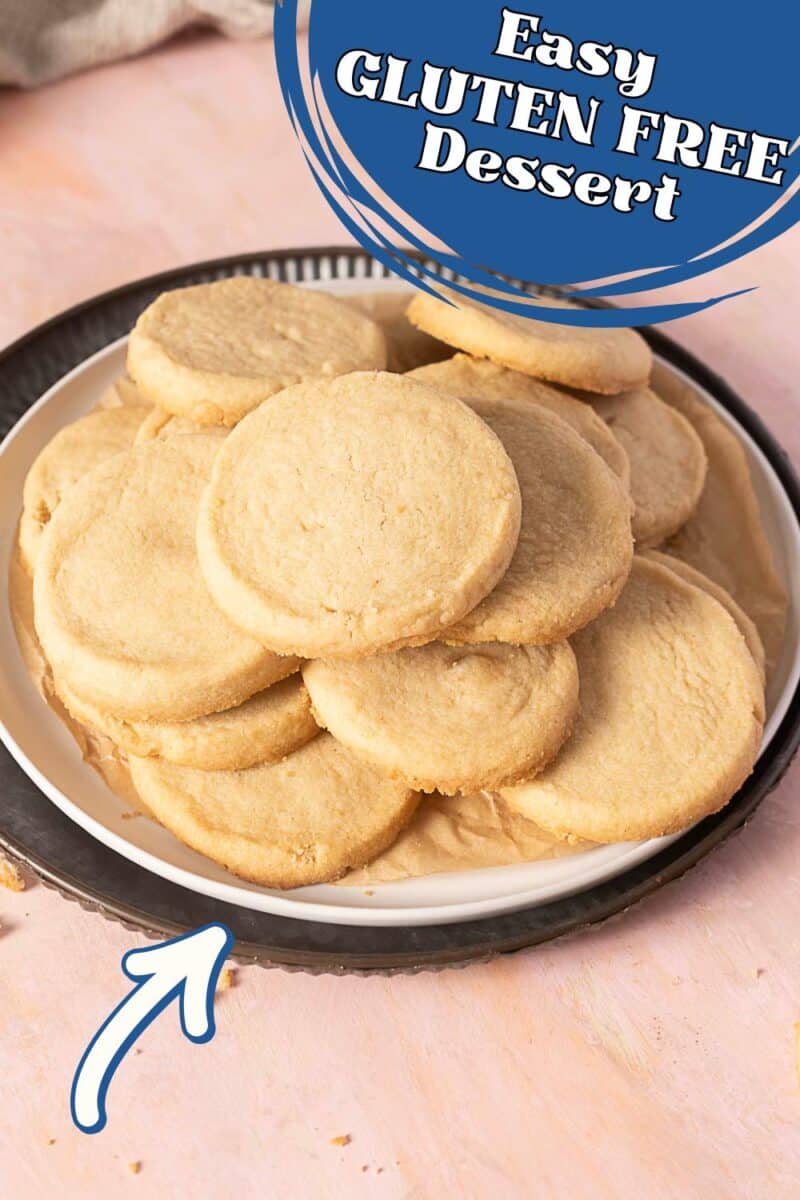 A plate of round, golden gluten free shortbread cookies stacked on parchment paper, with text above reading “Easy GLUTEN FREE Dessert.”.