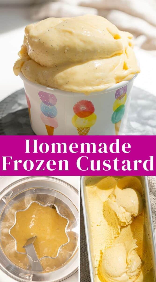 Three images show homemade frozen custard: a cup of yellow homemade frozen custard, the creamy mixture churning in a machine, and rich custard in a loaf pan. Text reads "Homemade Frozen Custard.