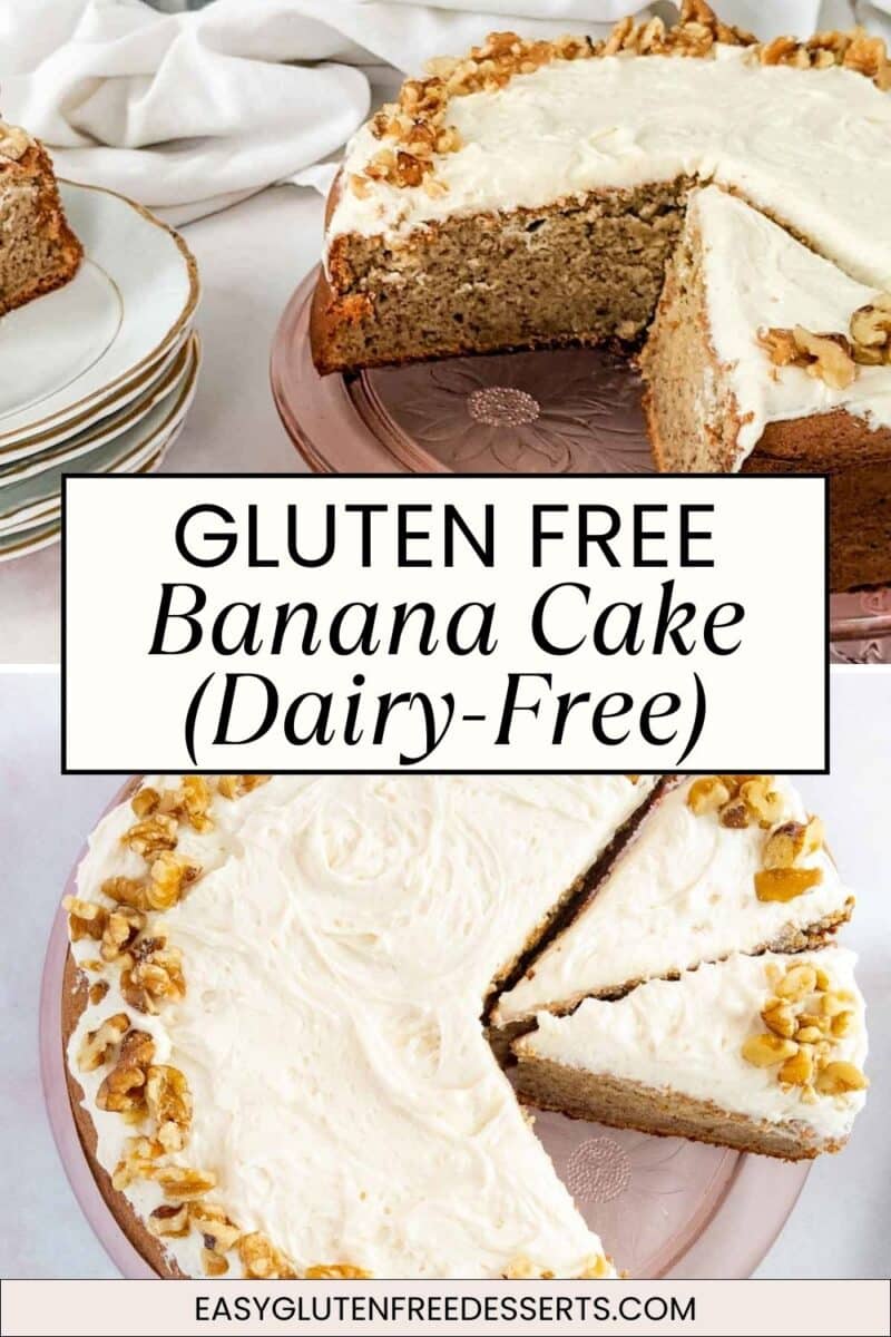 A round gluten-free banana cake with white frosting and walnut pieces, shown partially sliced on a pink cake stand. Perfect for those seeking a delicious gluten-free treat beyond cookies and lemon cookies.