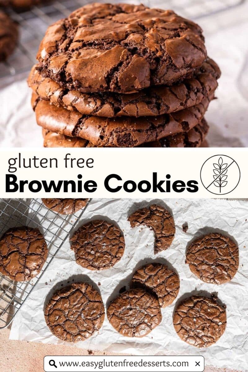 A stack of chocolate brownie Gluten-Free Cookies and several more on a cooling rack and parchment paper, labeled as gluten free with a website link at the bottom.