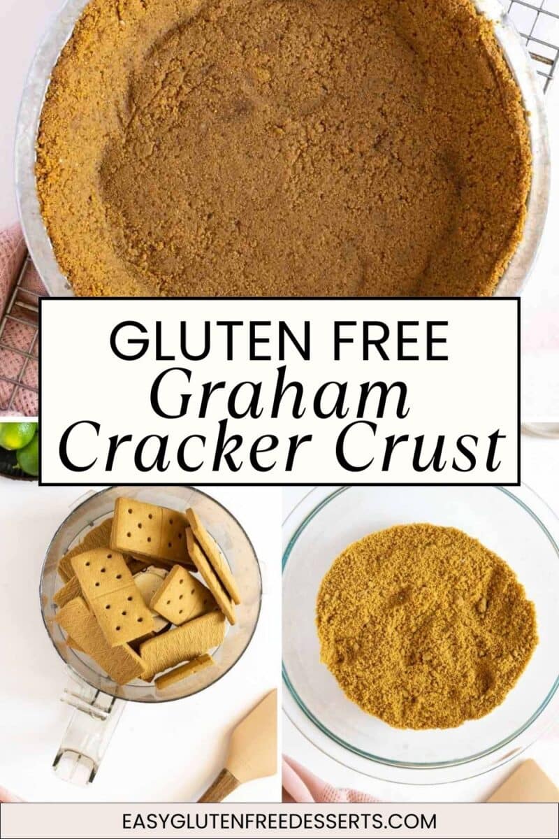 Overhead view of a prepared Gluten-Free Graham Cracker Crust, featuring images of gluten-free graham crackers in a food processor and finely ground crumbs in a bowl. Text reads "Gluten-Free Graham Cracker Crust.