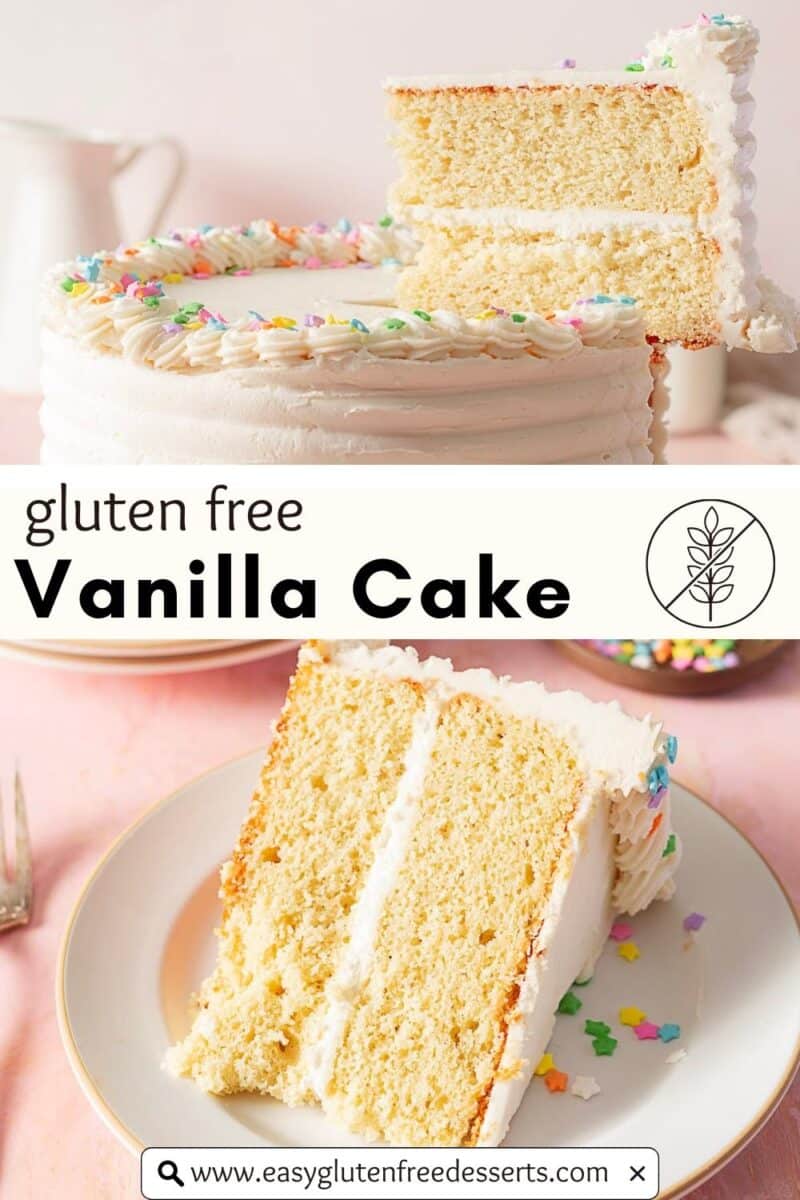 A two-layer gluten free vanilla cake with white frosting and sprinkles, shown whole and as a sliced piece on a plate with a fork—perfect for anyone seeking a classic gluten free vanilla cake dessert.