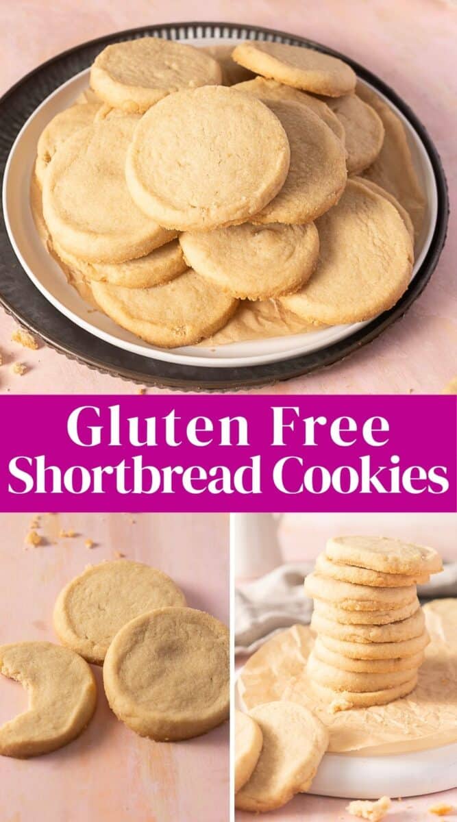 A plate of round gluten free shortbread cookies, some stacked and some overlapping, with a bitten cookie and more gluten free shortbread cookies shown in smaller images below. Text reads "Gluten Free Shortbread Cookies.