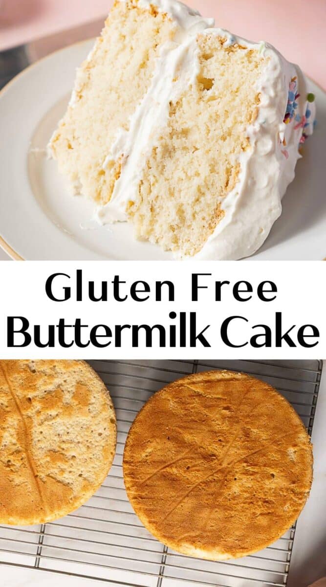 Two images of gluten free buttermilk cake: a frosted slice on a plate above, and two unfrosted gluten free buttermilk cake layers cooling on a wire rack below.