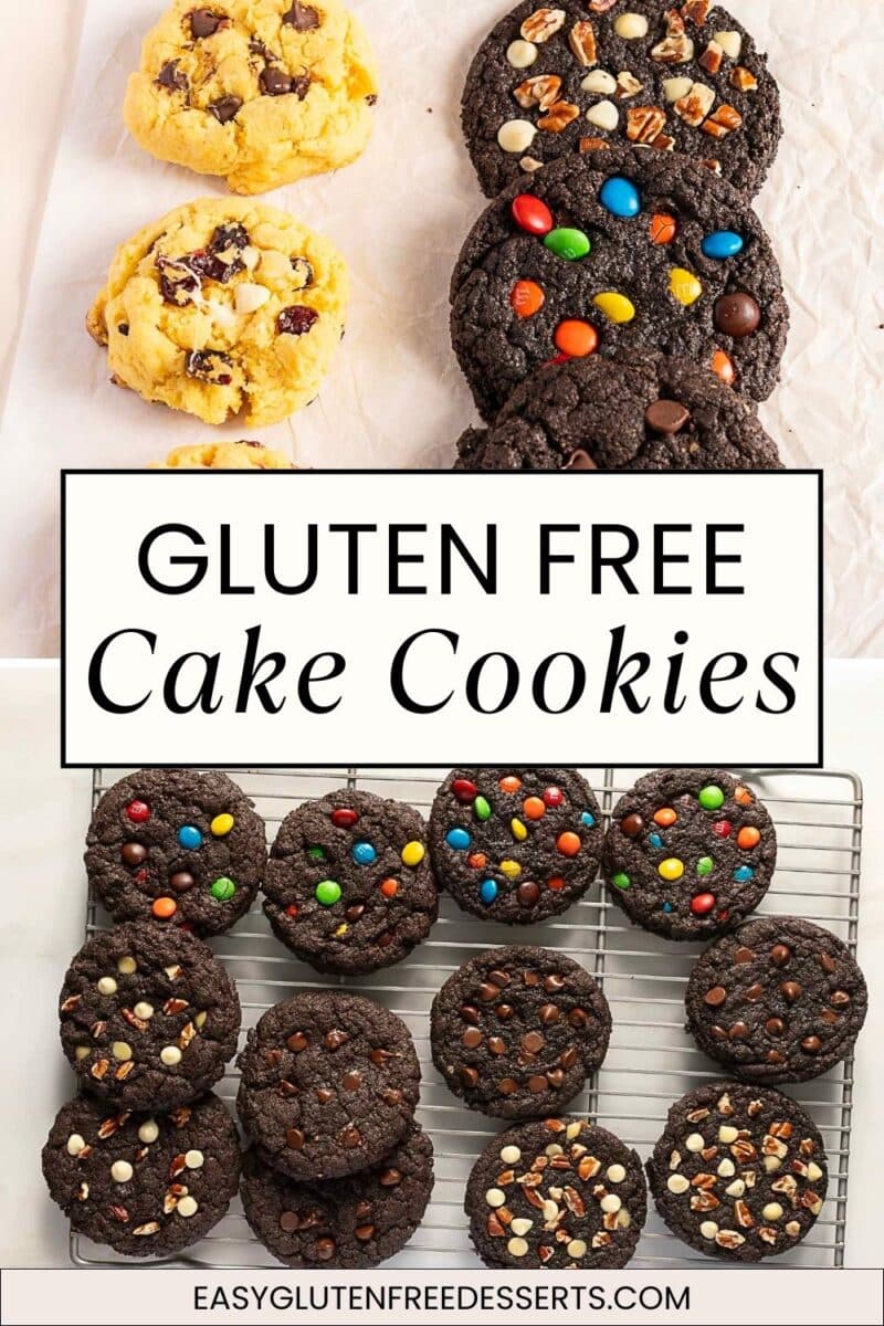 Top: Four gluten-free cake mix cookies, two chocolate chip and two chocolate with assorted candies. Bottom: Nine chocolate gluten-free cookies with various toppings on a cooling rack.