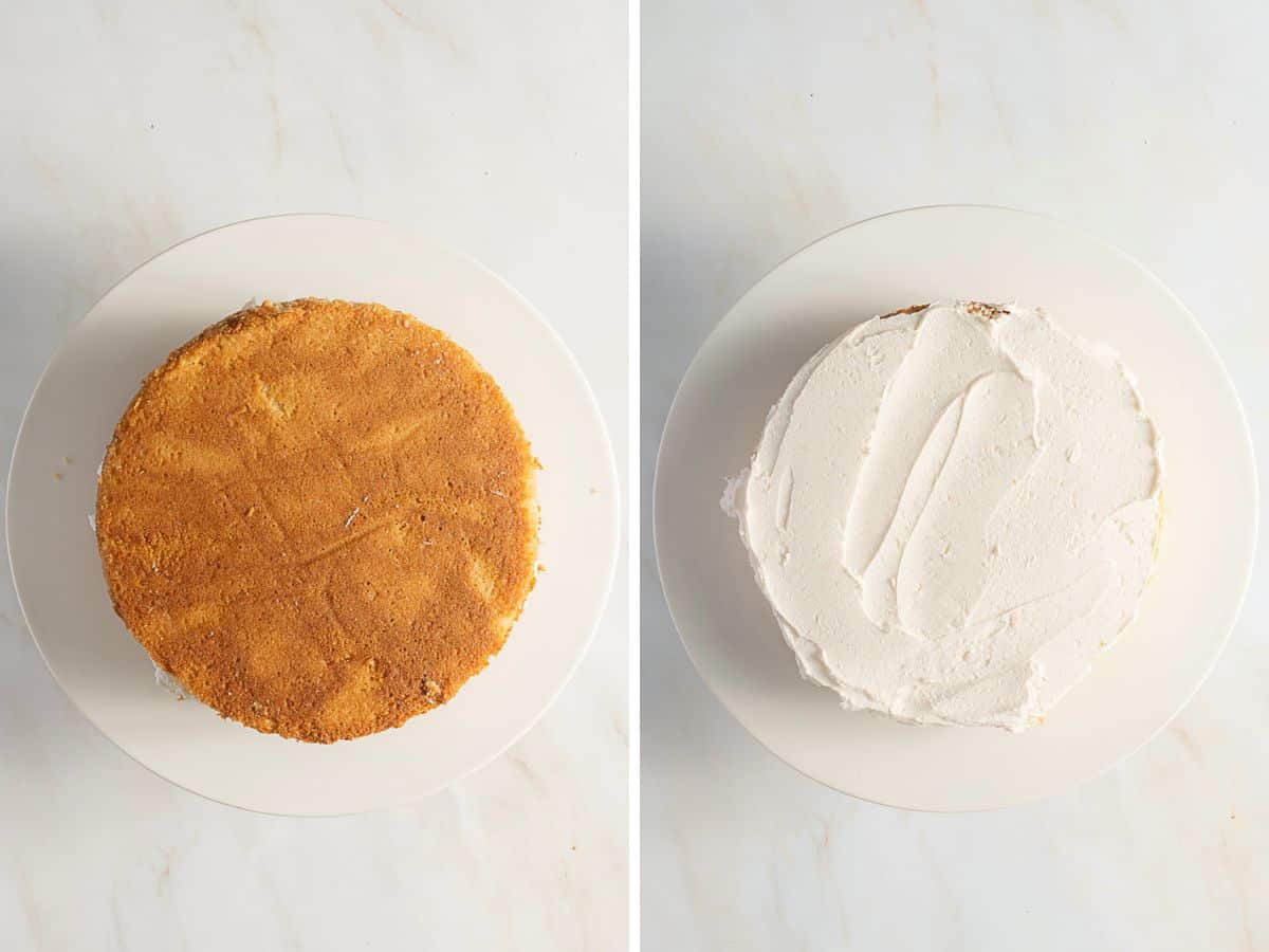 Side-by-side overhead views of a round cake: the left shows the plain cake top, and the right shows the cake covered with a smooth layer of white frosting.