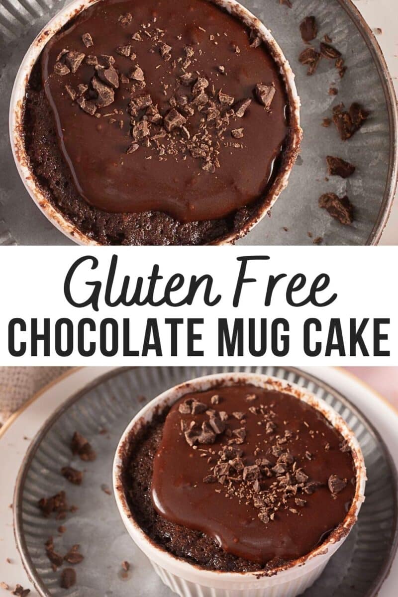 Top and bottom views of a gluten free chocolate mug cake in a ramekin, topped with chocolate sauce and chocolate shavings, on a plate with scattered pieces of chocolate.