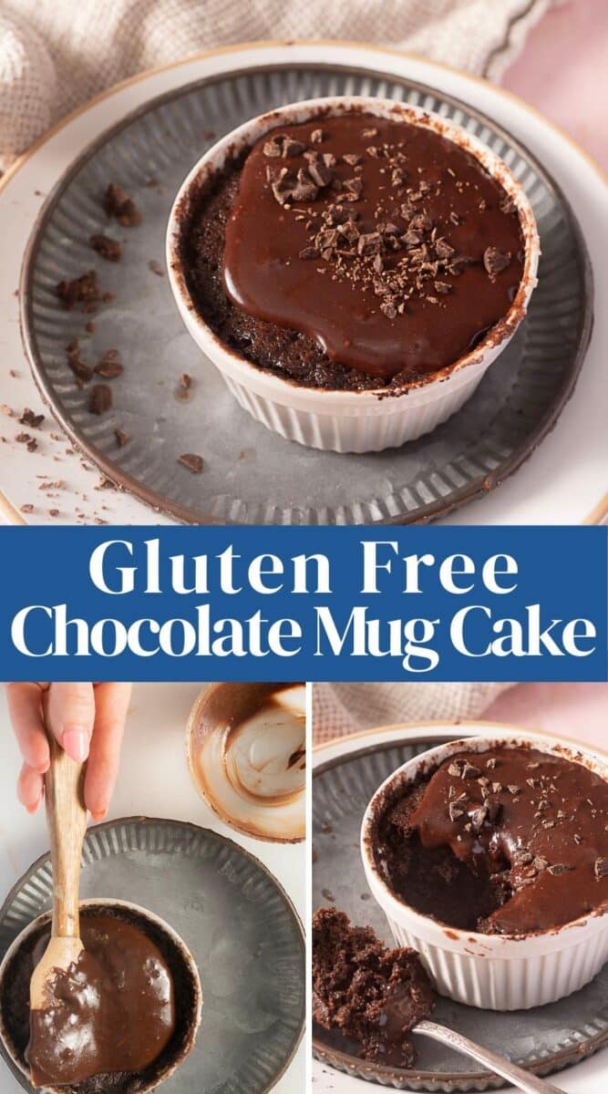 A gluten free chocolate mug cake in a ramekin, topped with chocolate and chocolate shavings, shown whole and partially eaten with a spoon for an irresistible single-serve treat.