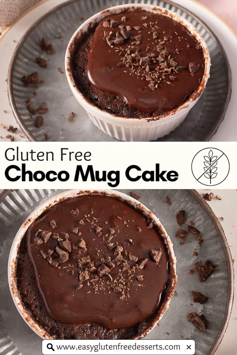 Two ramekins of gluten free chocolate mug cake topped with rich chocolate glaze and shavings, arranged on a plate. Text overlay highlights a website dedicated to gluten-free recipes.