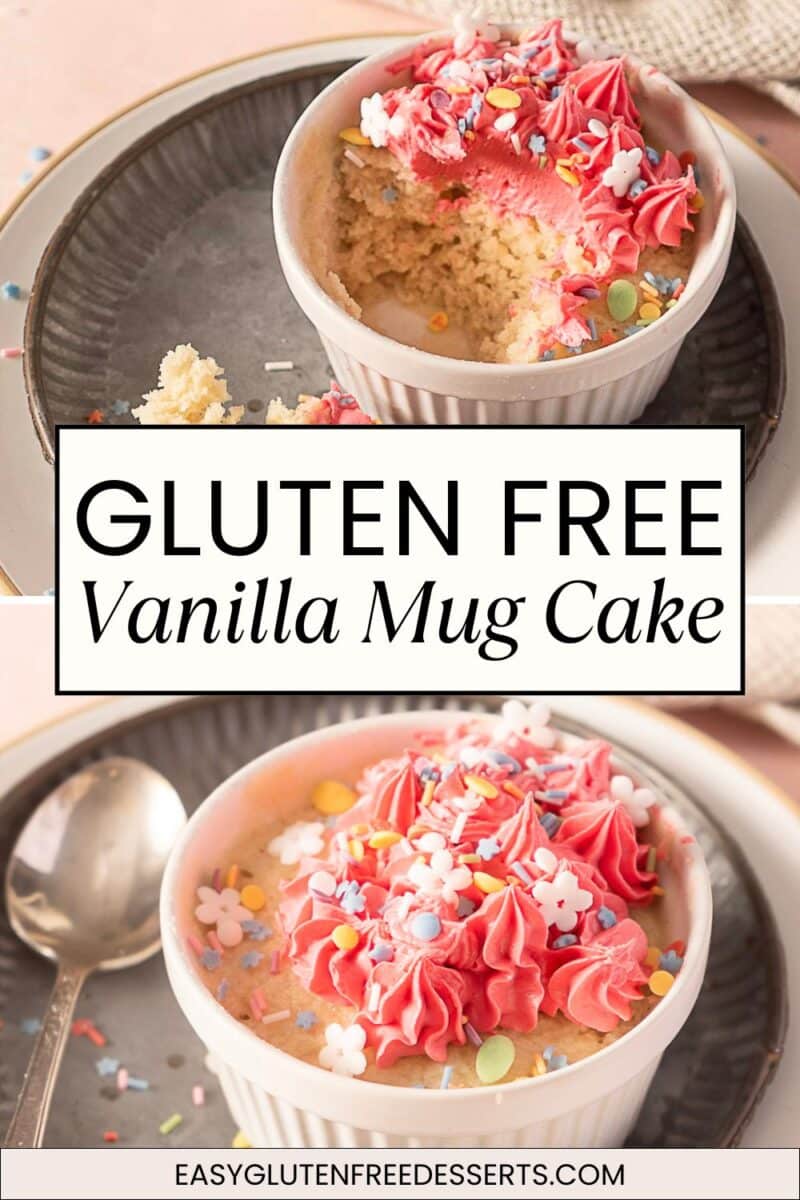 A vanilla mug cake with pink frosting and sprinkles is shown in a white ramekin, with a spoon and crumbs on the plate.
