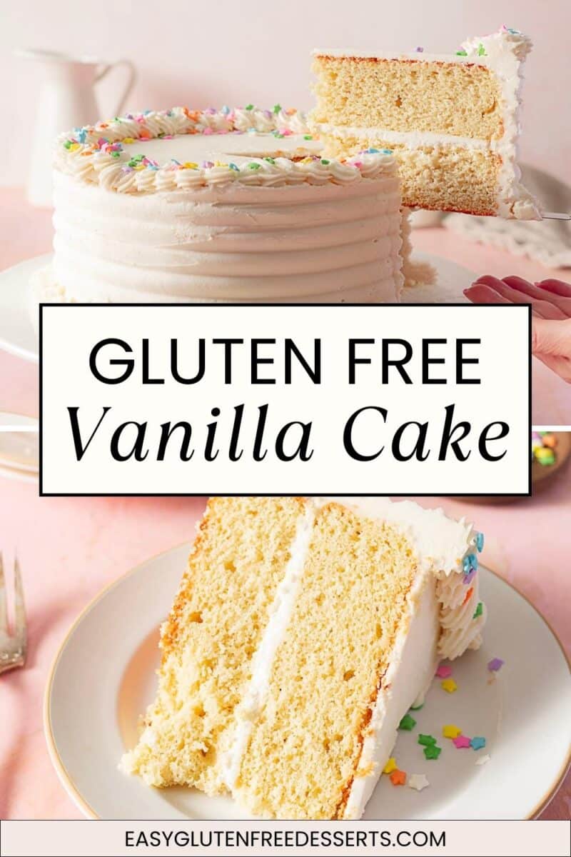 A beautiful two-layer gluten free vanilla cake with white frosting and colorful sprinkles, shown whole and sliced on a plate. Text overlay reads "Gluten Free Vanilla Cake.