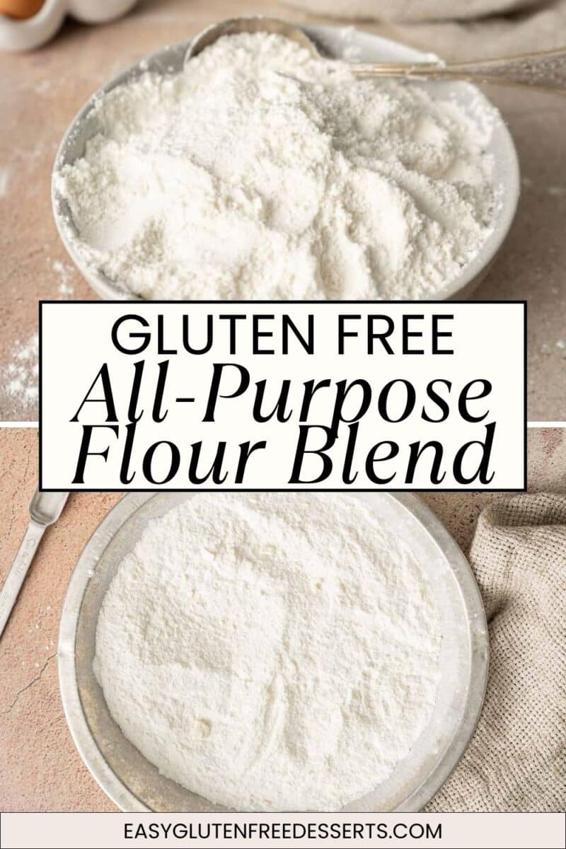 Two bowls filled with white gluten free flour are displayed on a neutral surface, accompanied by a spoon and a cloth. Text overlay reads: "GLUTEN FREE All-Purpose Flour Blend.
