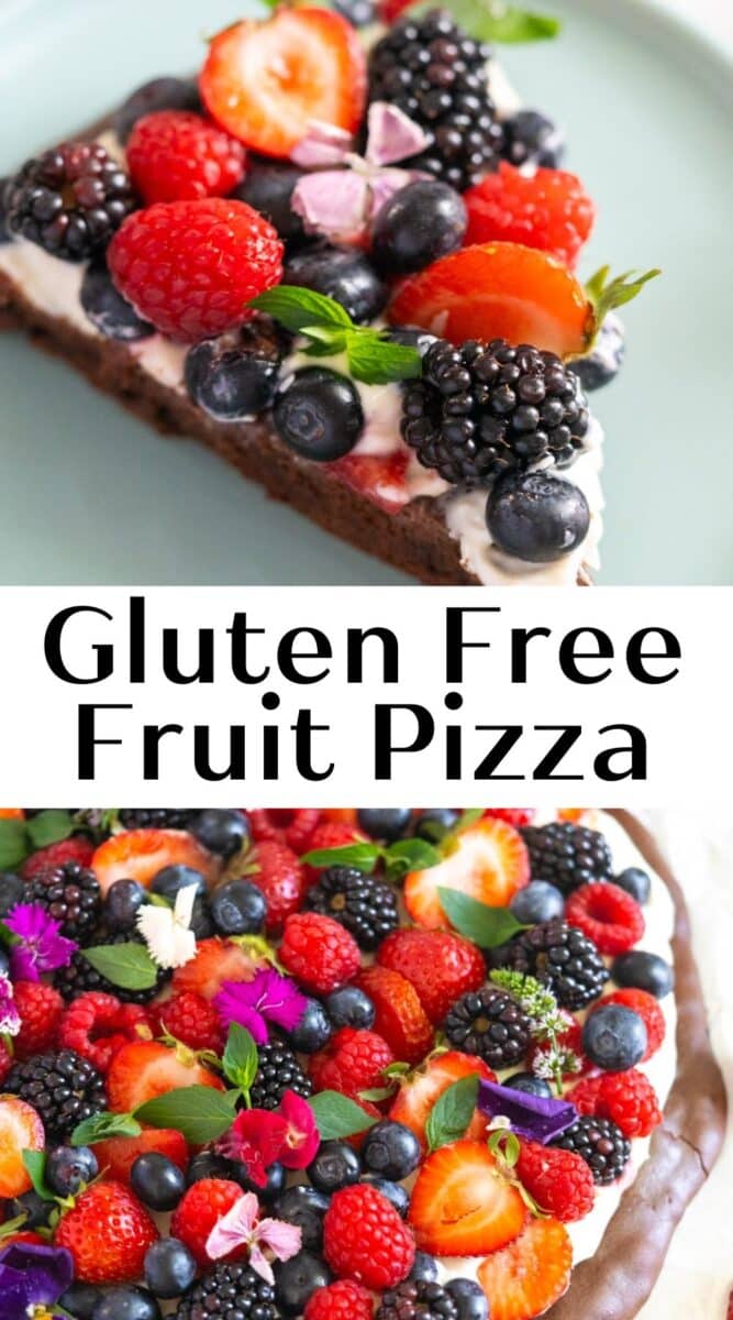 A gluten-free fruit pizza with a cream-covered crust made from lemon cookies, topped with fresh berries, mint leaves, and edible flowers.