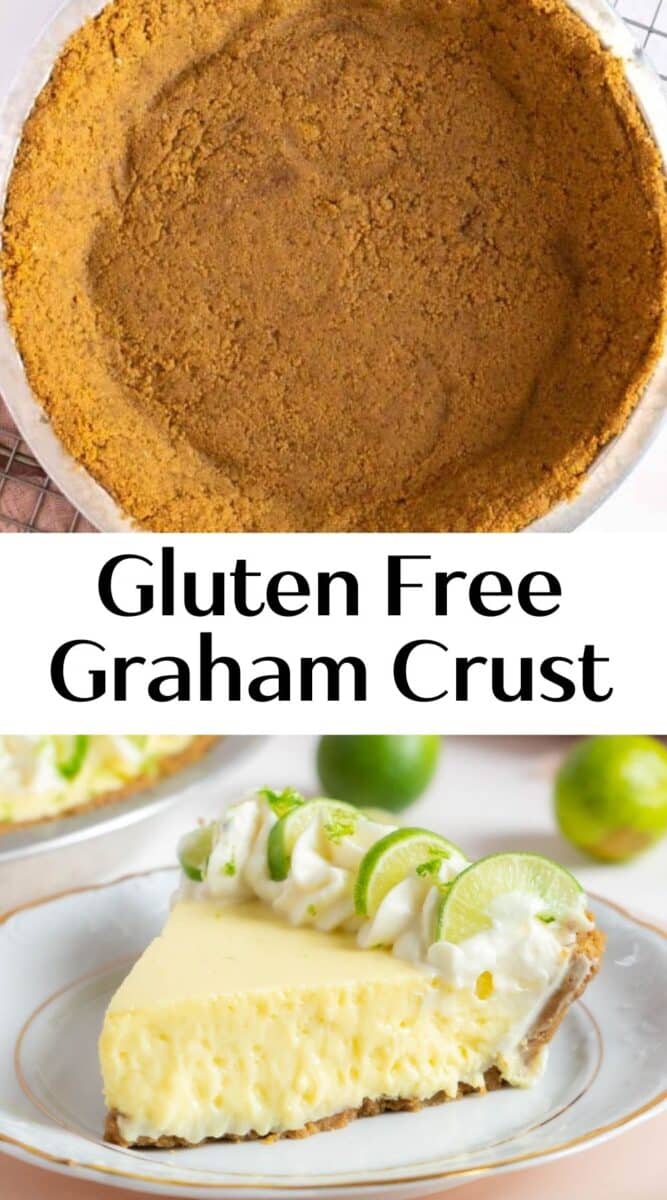 A baked Gluten-Free Graham Cracker Crust in a pan sits above a slice of key lime pie topped with whipped cream and lime garnish on a plate.