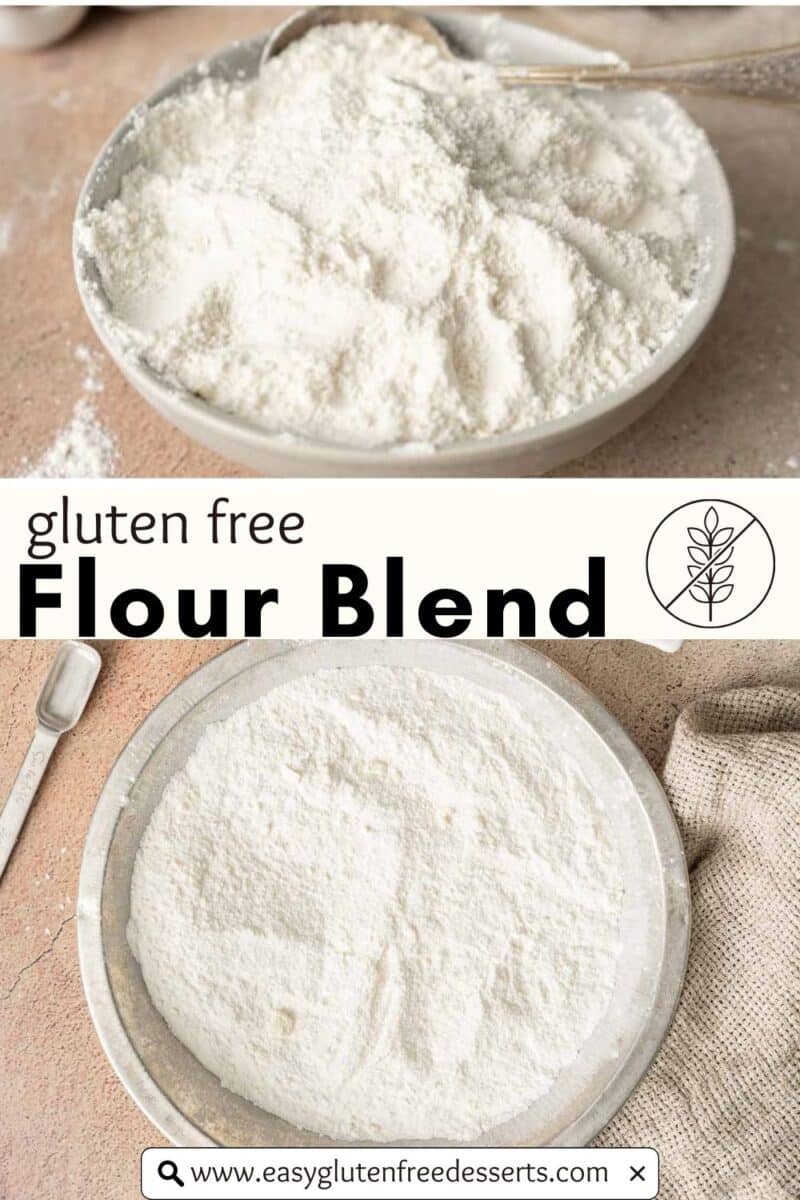 Two bowls filled with gluten free flour sit on a light surface, one with a spoon nestled inside. A website link appears at the bottom for more gluten free flour tips and recipes.