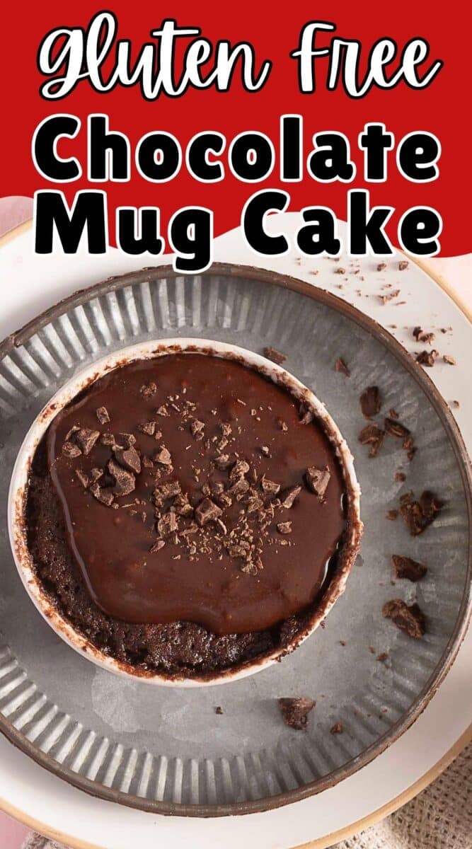 A gluten free chocolate mug cake topped with rich chocolate sauce and delicate chocolate shavings, served on a gray plate with scattered crumbs for a tempting finish.
