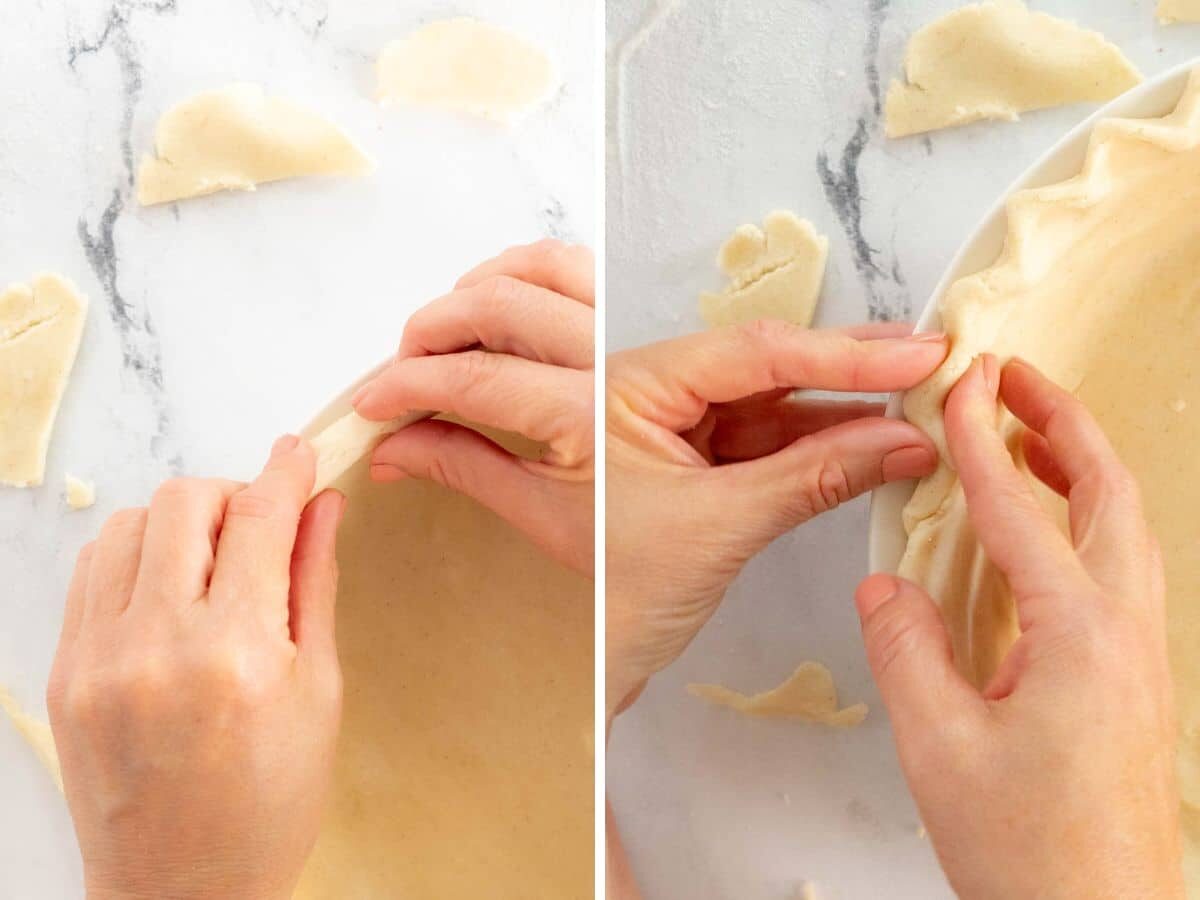Two photos showing hands shaping the edge of an unbaked pie crust in a dish, using fingers to crimp the dough on a light, floured surface.