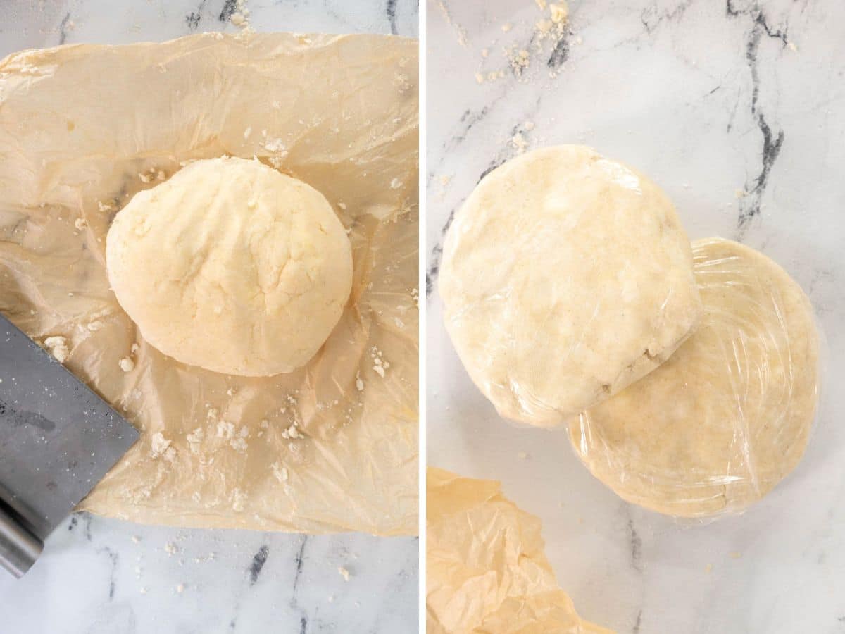 Two images: on the left, a ball of dough on parchment paper; on the right, two balls of dough wrapped in plastic wrap on a marble surface.