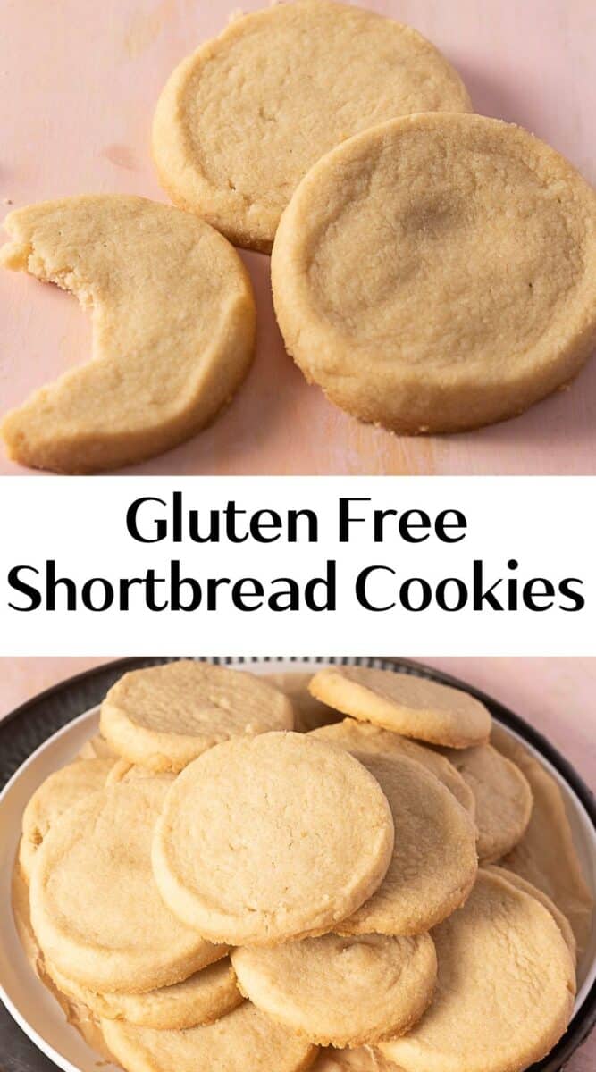 A plate of round gluten free shortbread cookies, with one cookie partially eaten, shown above the text "Gluten Free Shortbread Cookies"—perfect for anyone craving classic flavor without gluten.